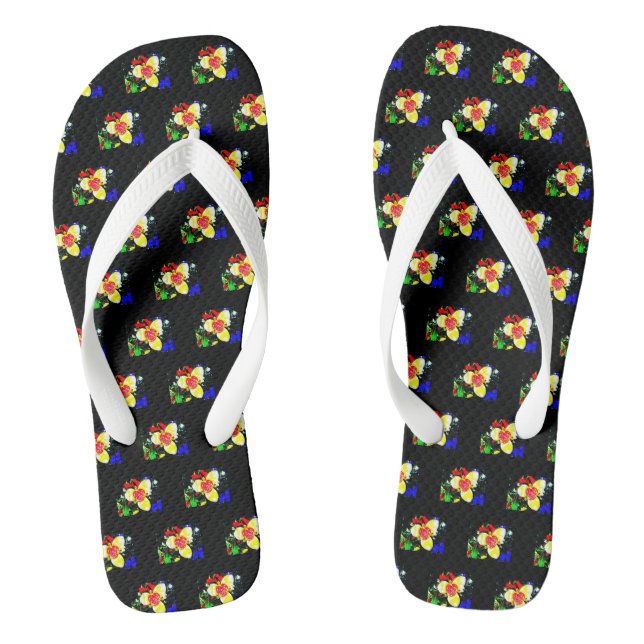 ungewöhnlich schwarz mit gelber und roter Blume Flip Flops (Fußbett)