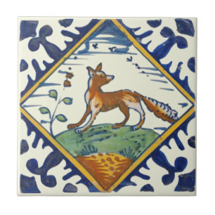 Ungewöhnlicher Repro Delft Fox mit Vögeln, die L Fliese