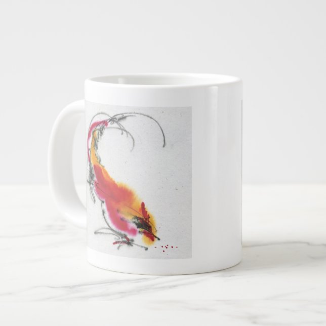 Ungewöhnliches Rooster. Kalligraphie und Aquarell. Jumbo-Tasse (Vorderseite Links)