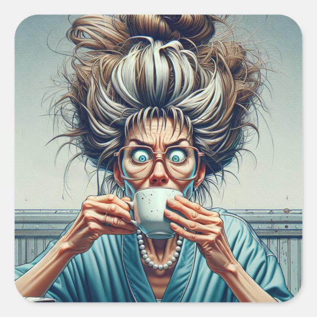 Unglaublich witzig Lady mit lautem Bun und Kaffee Quadratischer Aufkleber (Vorderseite)