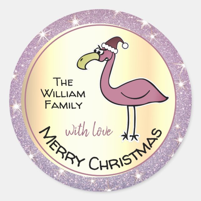 Unglaublich witzig X-Mas Flamingo Light Lila Glitz Runder Aufkleber (Vorderseite)