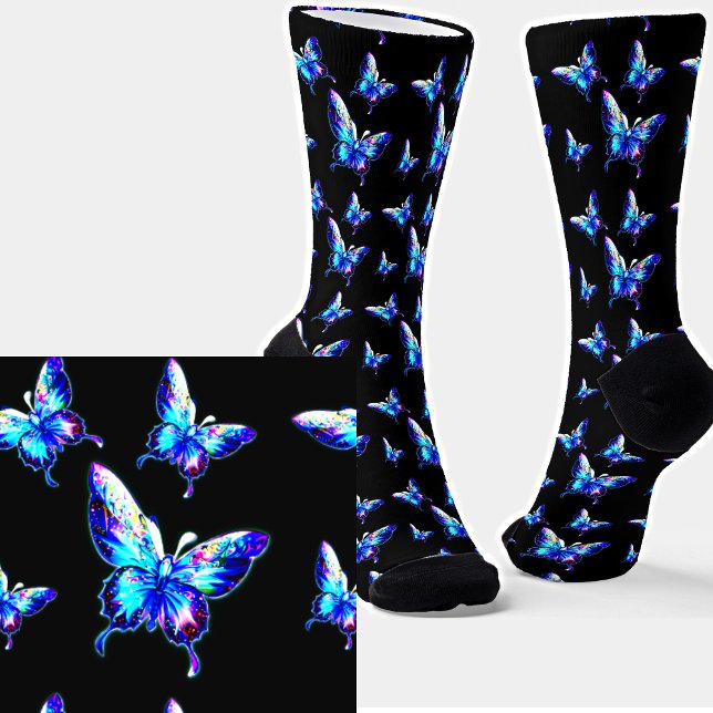 Unglaubliche blaue Schmetterlinge auf schwarz Socken (Von Creator hochgeladen)
