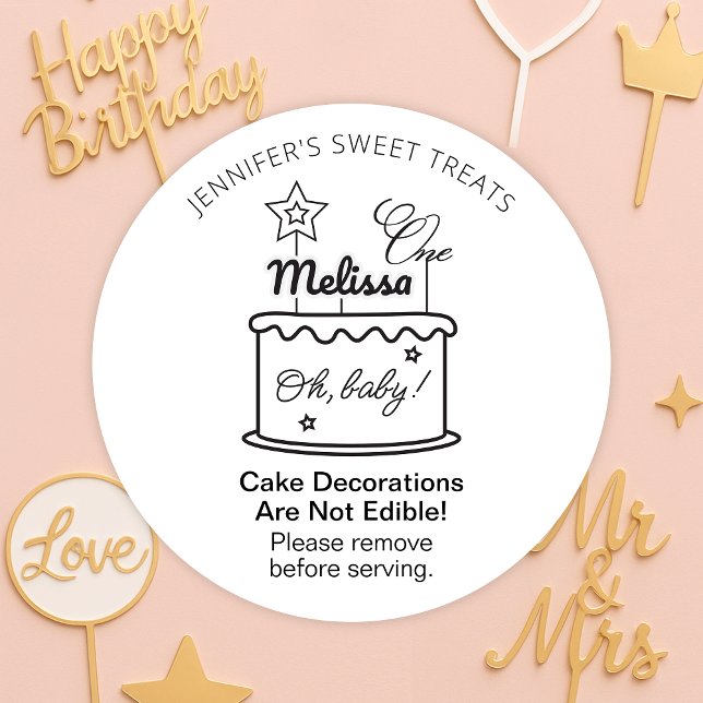 Unglaubliche Kuchendekorationen essen keine Warnun Runder Aufkleber (Inedible acrylic decorations safety stickers with custom text and your business name)