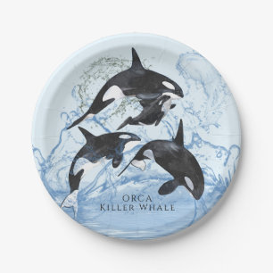 Unglaubliche Schwarz-Weiß-Wasserfarben-Orcas Pappteller