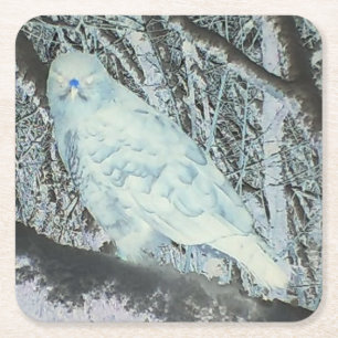 Unheimlicher Bussard auf Ast sitzend Dunkler Wald Rechteckiger Pappuntersetzer