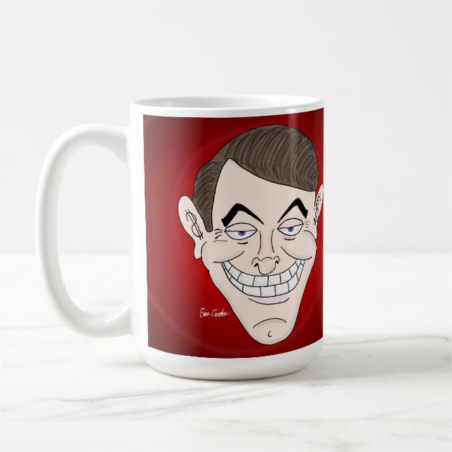 unheimlicher Geschäftsmann mit Geld-Ohren Kaffeetasse (Links)