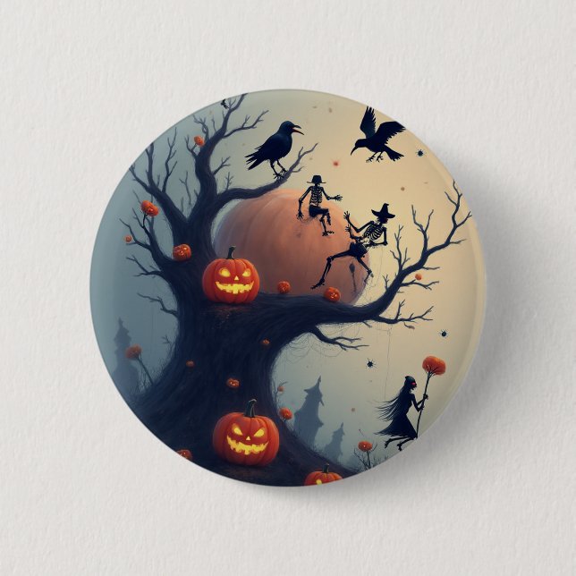 Unheimlicher Halloween-Baum Button (Vorderseite)
