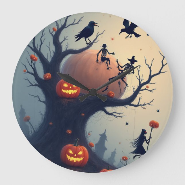 Unheimlicher Halloween-Baum Große Wanduhr (Vorderseite)