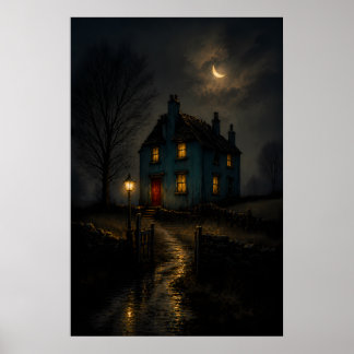 Unheimliches Gothic Cottage Nachtlandschaft Poster