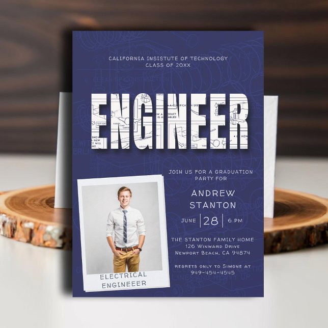 Uni-Abschluss Party Engineer Technology Navy Einladung (college grad engineering engineer graduation ceremony party invitation navy blue technical science)