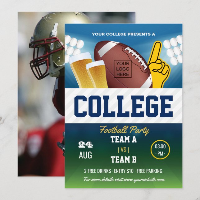Uni Football Party ändern Farbe und Logo hinzufüge Einladung (Vorne/Hinten)