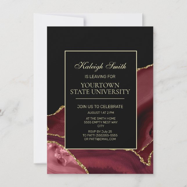 Uni Trunk Party Elegantes Burgund Schwarzes Gold Einladung (Vorderseite)