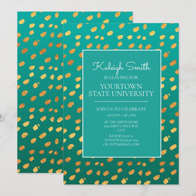 Uni Trunk Party Modernes Green Aquamarin Gold Einladung (Vorne/Hinten)