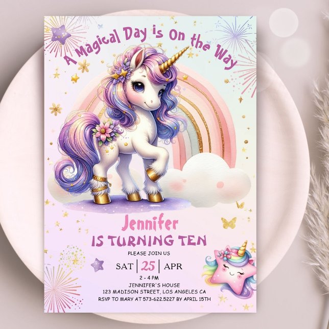 Unicorn 10th Birthday Girl Lila Gold Rainbow Einladung (#UnicornBirthdayInvitation #UnicornBirthdayInvitationTemplate #UnicornBirthdayInvitationEditable 
)