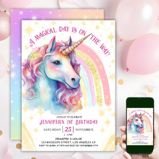Unicorn 1. Geburtstag Gold Pink Magischer Regenbog Einladung