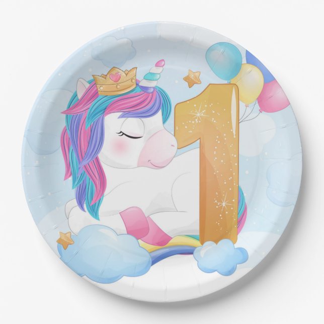 Unicorn 1. Geburtstag Pappteller (Vorderseite)