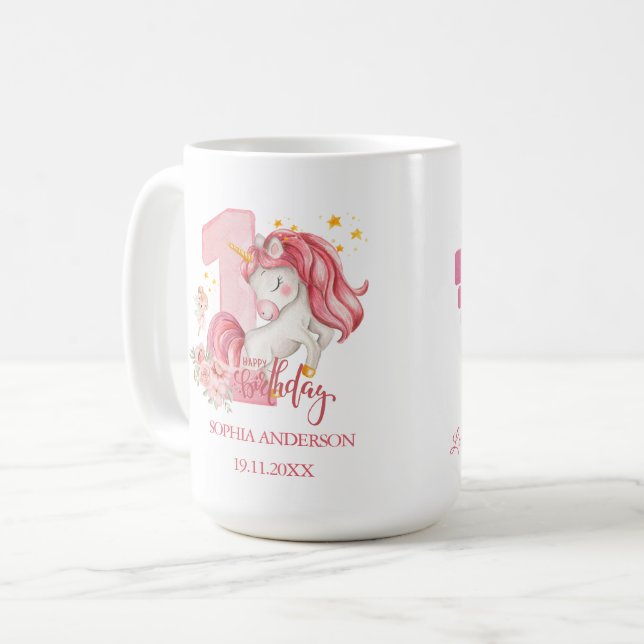 Unicorn 1st Birthday Pink Little Girl  Kaffeetasse (Vorderseite Links)