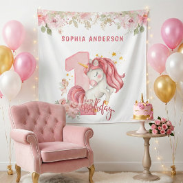 Unicorn 1st Birthday Pink Little Girl  Wandteppich