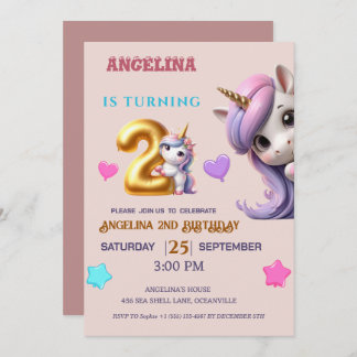 Unicorn 2e anniversaire Invitation fille violet & 
