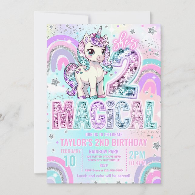 Unicorn 2nd Birthday Two Magical Rainbow Glitter Einladung (Vorderseite)