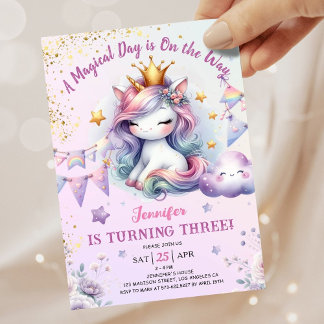 Unicorn 3. Geburtstag Einladung Girl Pink & Gold