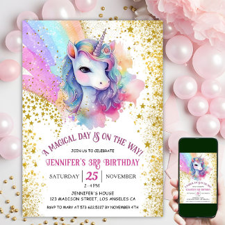 Unicorn 3. Geburtstag | Gold Glitzer Rainbow Einladung