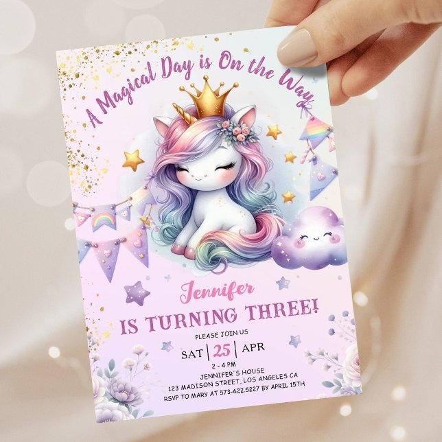 Unicorn 3e anniversaire Invitation fille rose et o (#UnicornBirthdayInvitation #UnicornBirthdayInvitationTemplate #UnicornBirthdayInvitationEditable 
)