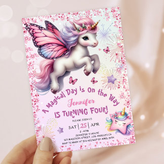 Unicorn 4. Geburtstag Girl Pink Lila Glitzer Einladung