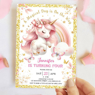 Unicorn 4. Geburtstag Party Girl Blush Pink & Gold Einladung