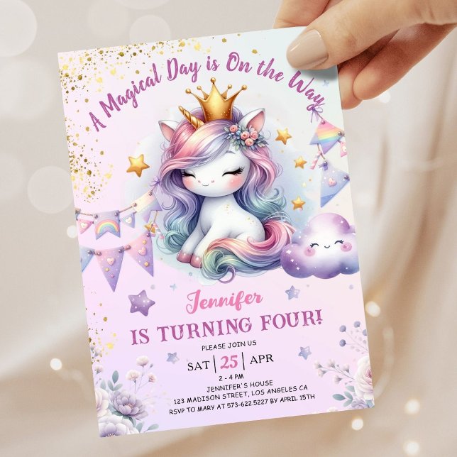 Unicorn 4e anniversaire Invitation fille rose et o (#UnicornBirthdayInvitation #UnicornBirthdayInvitationTemplate #UnicornBirthdayInvitationEditable 
)