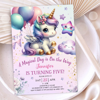 Unicorn 5. Geburtstag Einladung Girl Lila & Gold