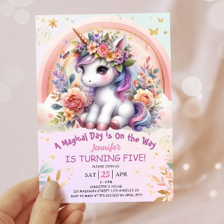 Unicorn 5. Geburtstag Girl Pink Bläsernbogen Einladung