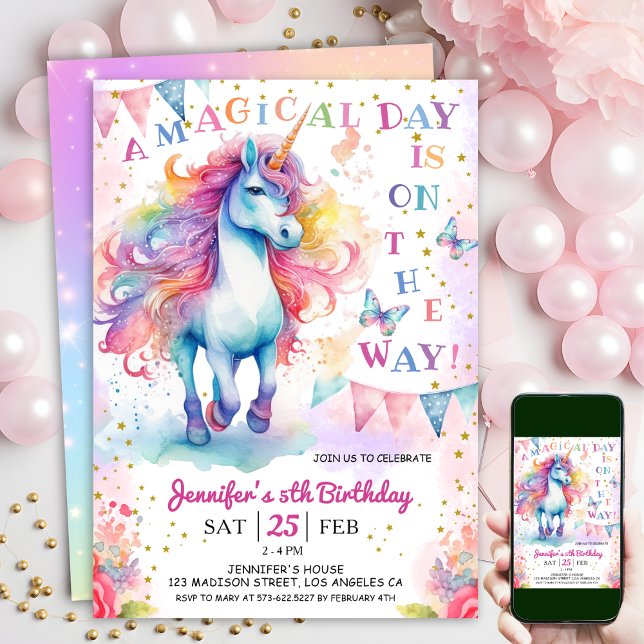 Unicorn 5th Birthday Fairy Floral Rainbow & Stars Einladung (#UnicornBirthdayInvitation #UnicornBirthdayInvitationTemplate #UnicornBirthdayInvitationEditable)