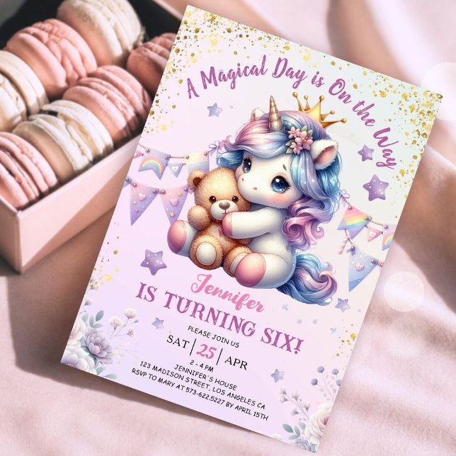 Unicorn 6e anniversaire Invitation fille rose or m (#UnicornBirthdayInvitation #UnicornBirthdayInvitationTemplate #UnicornBirthdayInvitationEditable)