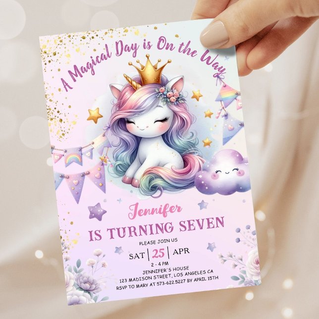 Unicorn 7e anniversaire Invitation fille rose & or (#UnicornBirthdayInvitation #UnicornBirthdayInvitationTemplate #UnicornBirthdayInvitationEditable )