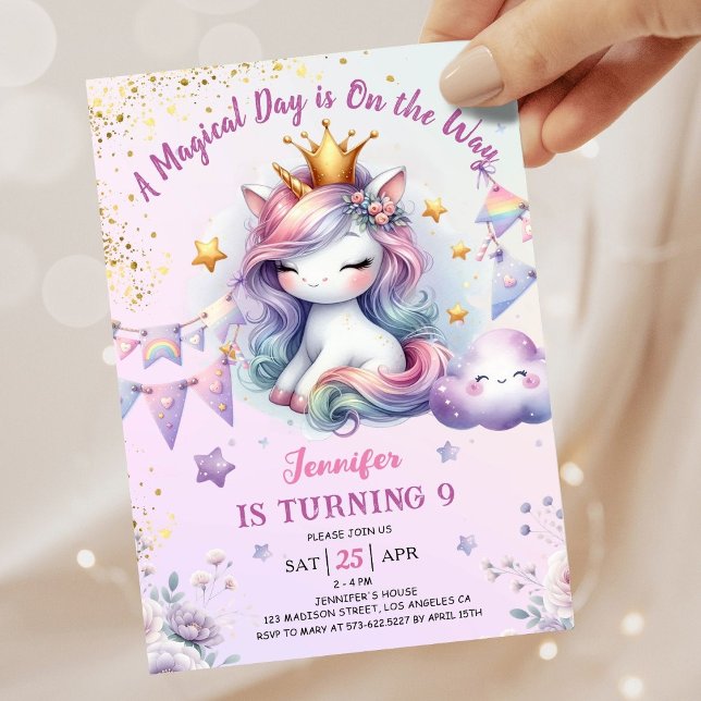 Unicorn 9e anniversaire Invitation fille rose et o (#UnicornBirthdayInvitation #UnicornBirthdayInvitationTemplate #UnicornBirthdayInvitationEditable )