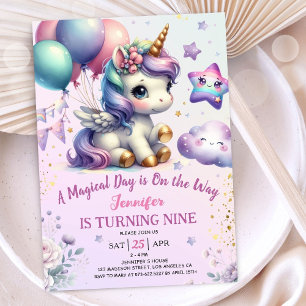 Unicorn 9e anniversaire Invitation fille violet &