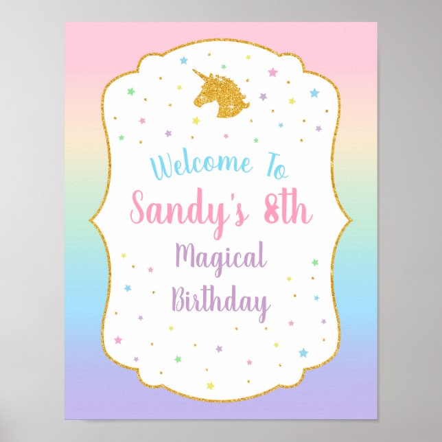 Unicorn Affiche de bienvenue fête d'anniversaire (Devant)