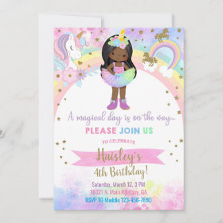Unicorn african american girl magical birthday. einladung