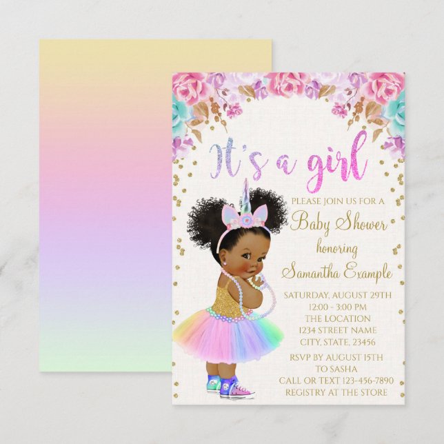 Unicorn African American Princess Babydusche in Einladung (Vorne/Hinten)