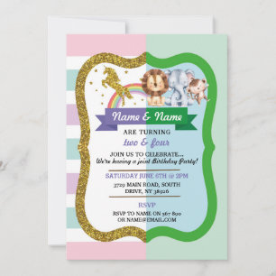 Unicorn & Animals Joint 2 Children Birthday Einladung