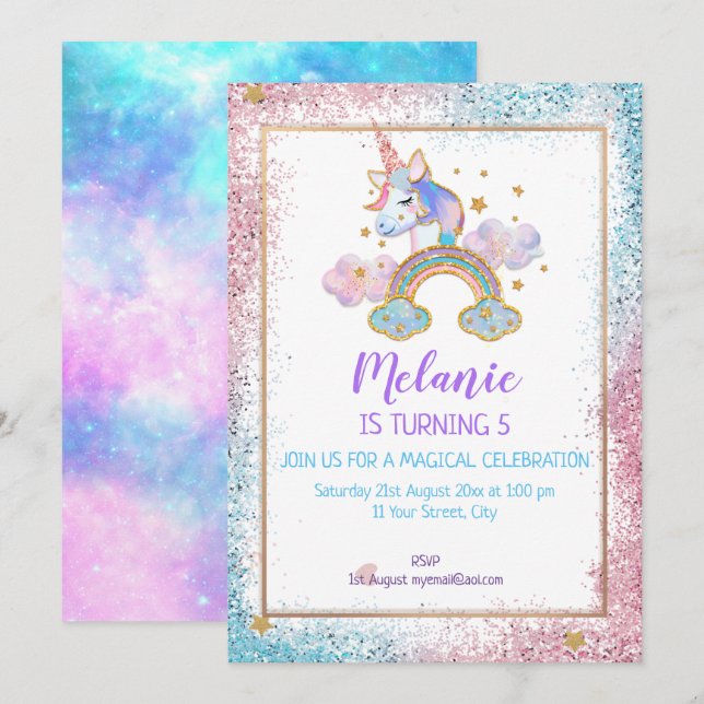 Unicorn Anniversaire Fête Fille Invitation (Devant / Derrière)
