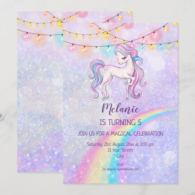 Unicorn Anniversaire Fête Fille Invitation (Devant / Derrière)