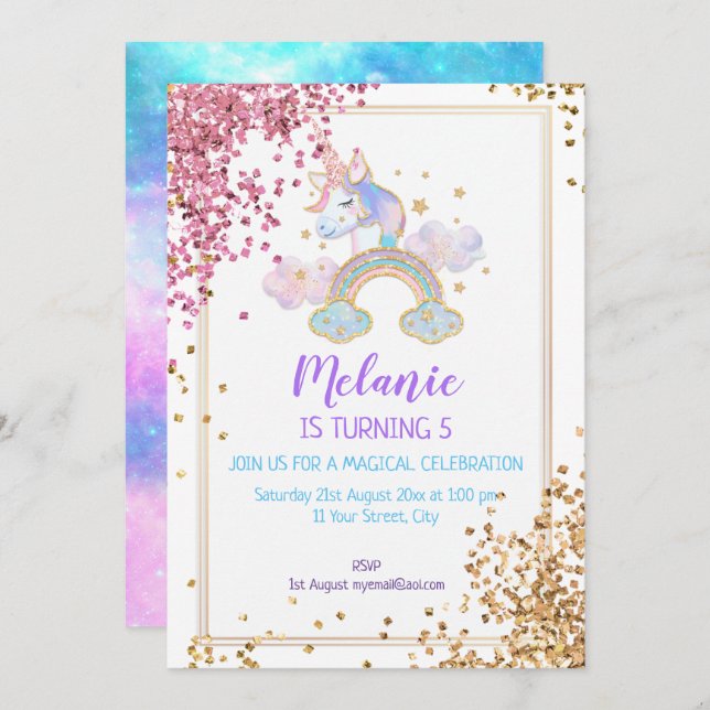 Unicorn Anniversaire Fête Fille Invitation (Devant / Derrière)