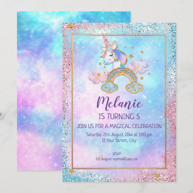 Unicorn Anniversaire Fête Fille Invitation (Devant / Derrière)