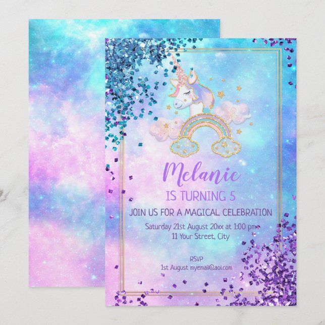 Unicorn Anniversaire Fête Fille Invitation (Devant / Derrière)