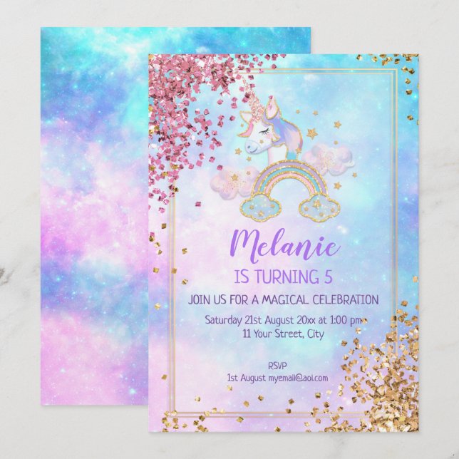 Unicorn Anniversaire Fête Fille Invitation (Devant / Derrière)