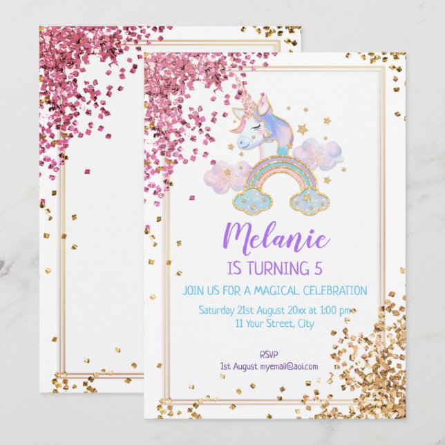 Unicorn Anniversaire Fête Fille Invitation (Devant / Derrière)