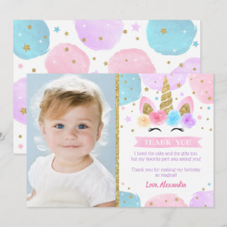 Unicorn Anniversaire fête Merci Cartes avec photo