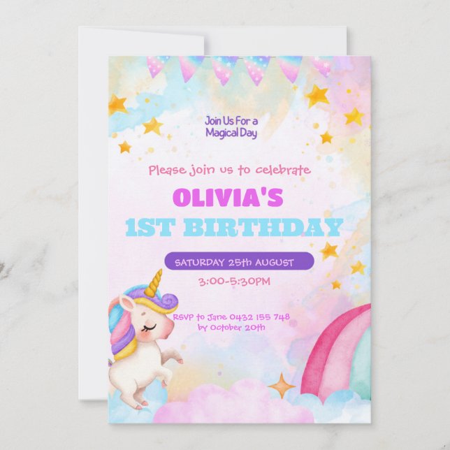Unicorn Anniversaire Invitation 1er Anniversaire (Devant)